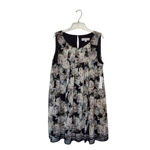 Emma & Michele 2X Floral Sleeveless Pleated Front‎ Overlay Riundneck Shift Dress